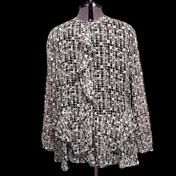 Chico's Tops - CHICO’S WOMENS SHEER PEPLUM RUFFLE BLOUSE BLACK WHITE GOLD METALLIC SZ 20